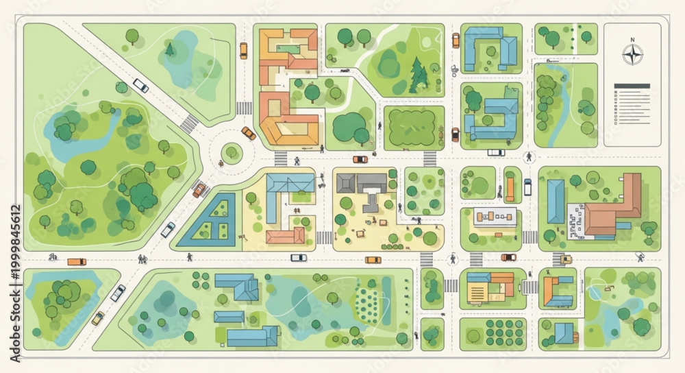 Obraz premium Aerial view of a colorful campus map with buildings and green spaces.