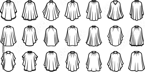 Black and White Line Art of Various Poncho Styles, Fashion Apparel Collection