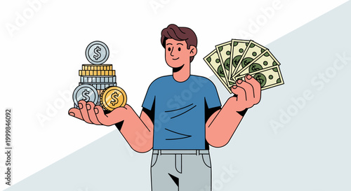 Man holding coins and dollar bills.