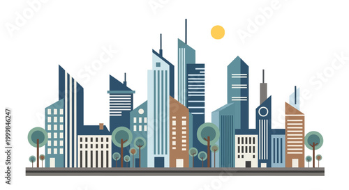 Modern Cityscape Skyline with Tall Buildings and Trees - Flat Design