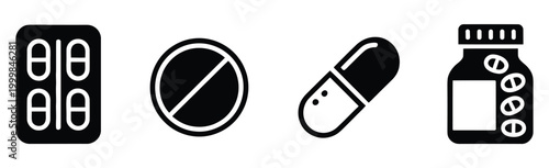 Simplified medical icons illustrating medication and health tools in black and white style, minimal healthcare symbol set, clean line vector illustration for hospitals