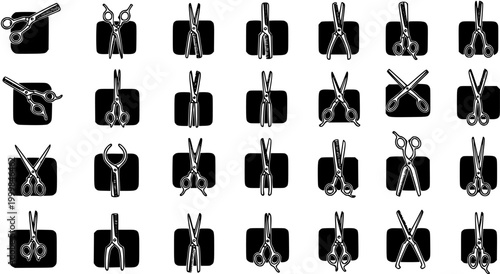 Professional Scissors and Tools Icons Collection. Black and White Glyph Art for Barber, Hairdresser, Tailor, Craft, and Utility Cutting Equipment.