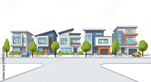 Modern Suburban Street with Contemporary Houses and Cars