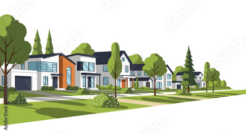 Modern Suburban Street with Diverse Houses and Lush Greenery