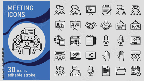 Collection of modern minimalist line art icons representing various business meeting concepts and communication activities in a clear organized layout