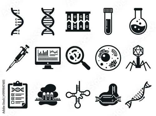 Genetics and Molecular Biology Icon Set - Biotechnology, DNA Research, Laboratory Equipment, and Medical Science Symbols for Education and Web Design