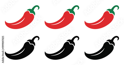 Six chili pepper icons red and black variations for spicy food design, modern heat rating graphic set, clean editable vector icons suitable