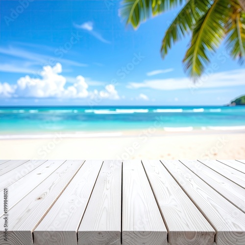 Empty white wood tabletop with a beach backdrop