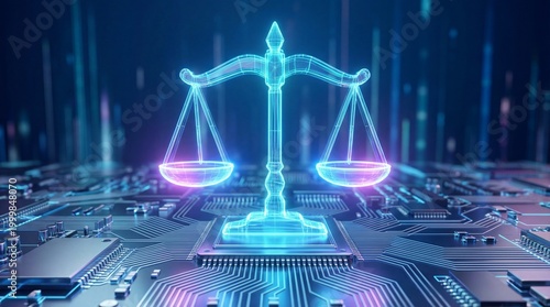 Legal balance scale on futuristic cyber technology background