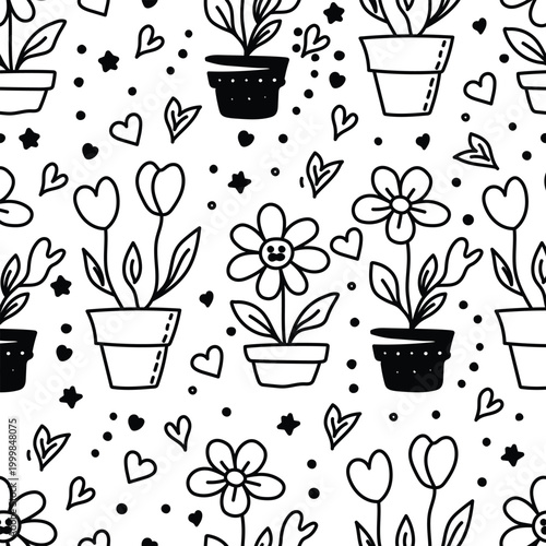 Seamless Cute Plant and Flower Pot Doodle Pattern Black Line Art Background