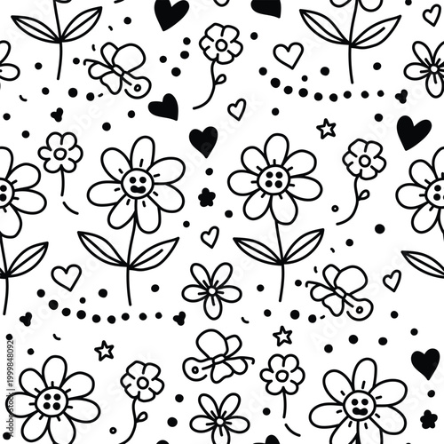 Seamless Cute Floral Doodle Pattern with Hearts and Butterflies Black Line Art