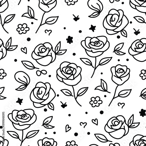 Seamless Rose Floral Doodle Pattern Black Line Art Background