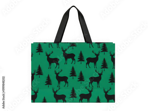 Deer and pine tree pattern green tote bag isolated on a transparent background shopping bag
