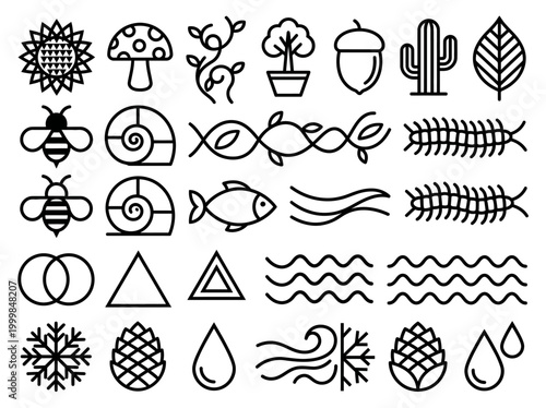 Minimalist Nature Line Art Icon Set - Vector Symbols of Plants, Insects, Animals, and Weather Elements