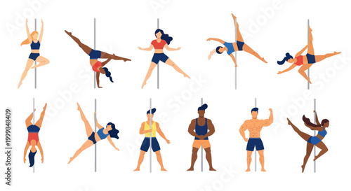 Diverse People Performing Pole Dancing and Fitness Poses