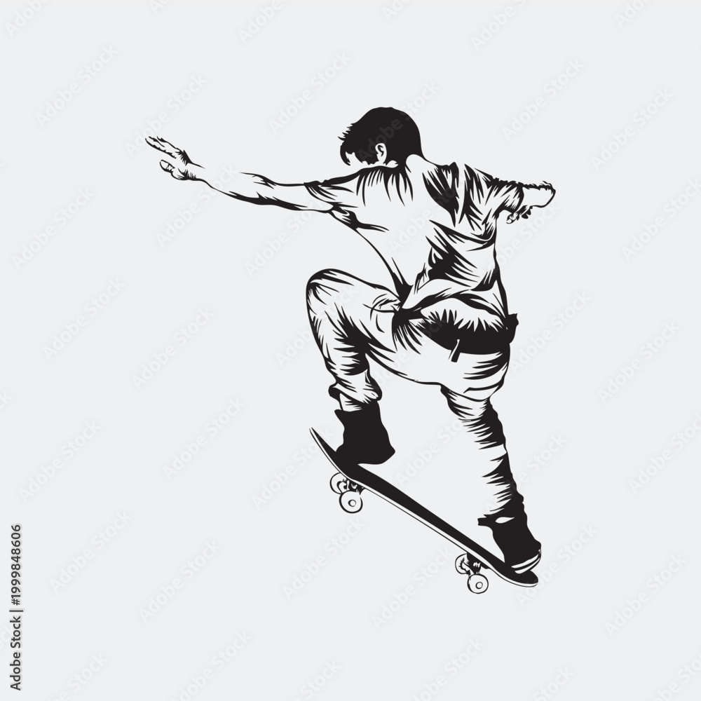 Fototapeta premium A black and white illustration of a skateboarder performing a trick mid-air.