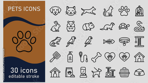 Collection of thirty editable stroke icons representing various domestic animals and their accessories including pets and wildlife related symbols
