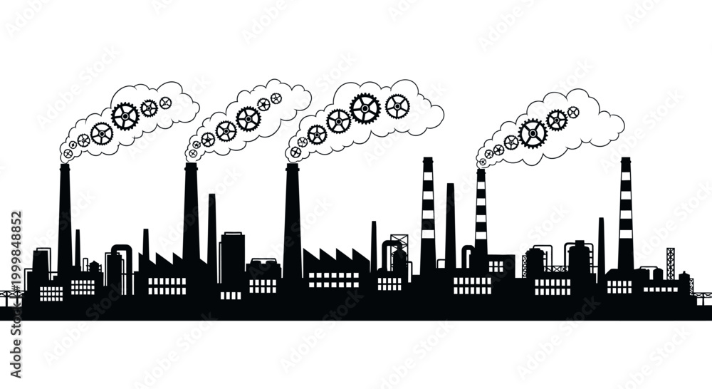 Obraz premium Industrial factory silhouette with gear icons in smoke clouds.