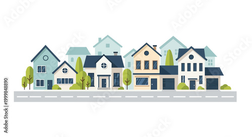 Suburban neighborhood street with colorful flat design houses and trees