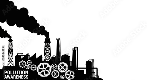 Foto Industrial factory silhouette with smoke and gears representing pollution awareness