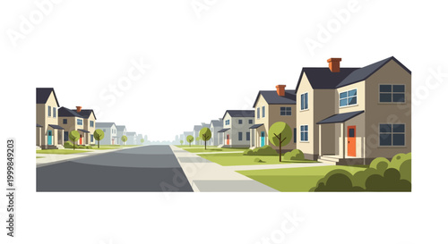 Suburban street with row houses, trees, and sidewalk. Residential neighborhood.