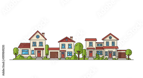 Suburban street with diverse houses and trees in flat vector illustration style