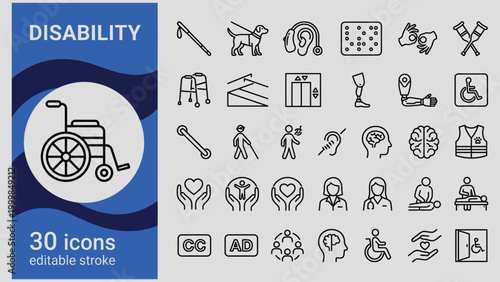 Collection of thirty line art icons representing various disabilities and accessibility symbols with editable strokes isolated on gray background