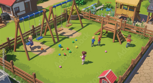 Isometric outdoor playground vector illustration, children playing on wooden swings and climbing frames, sunny backyard park with green grass
