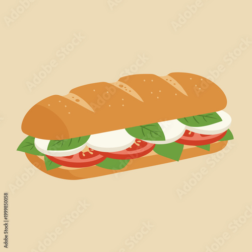 Fresh Caprese Baguette Sandwich Illustration with Mozzarella Tomato and Basil