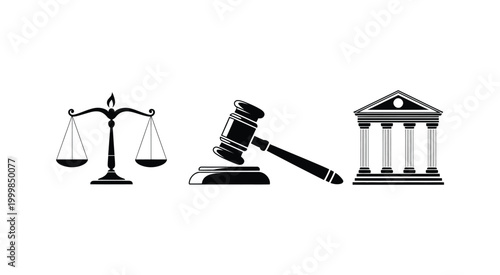 Justice scales gavel and courthouse silhouette vector illustration in dark tone for legal law system and courtroom concept design