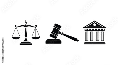 Scales of justice gavel and courthouse vector silhouette in dark style for law, legal system, and judicial concept illustration