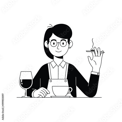 Monoline Illustration of Woman Drinking Tea and Smoking Cigarette