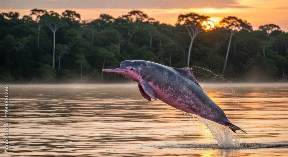 Fototapeta premium Pink River Dolphin Leaping at Sunset in the Amazon River