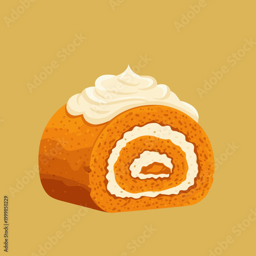 Pumpkin Spice Swiss Roll Slice with Whipped Cream Topping, Delicious Autumn Dessert Vector Illustration