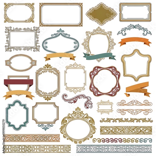 Collection of ornate decorative frames borders and banners in various classic shapes