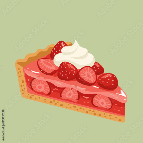 Slice of Delicious Strawberry Tart with Fresh Berries and Whipped Cream, Vector Illustration
