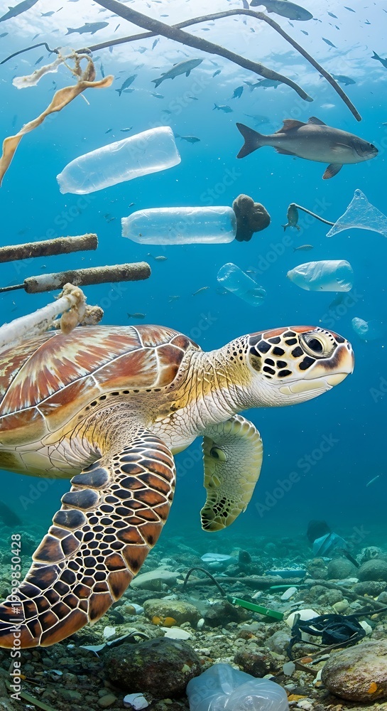 Obraz premium Sea Turtle Swimming Amidst Plastic Pollution - A Call for Ocean Conservation.