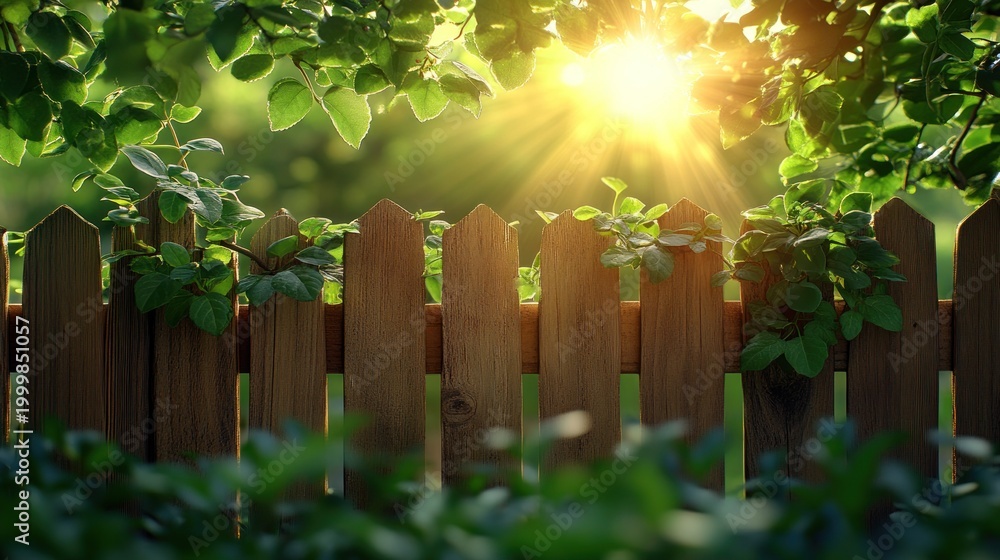 Obraz premium Sunny garden fence, lush greenery