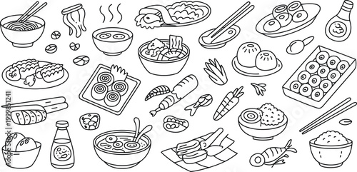 Japanese food doodle set sushi ramen tempura hand drawn vector illustration for menu design