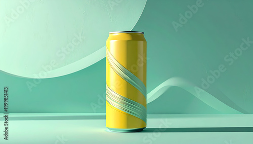 Yellow drink can with flowing abstract ribbon design on mint green background in minimalist studio product shot perfect for graphic design projects