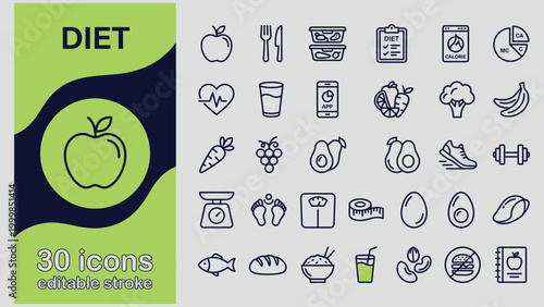 Bild auf Leinwand Diet and nutrition icons set including food healthy lifestyle and fitness symbol