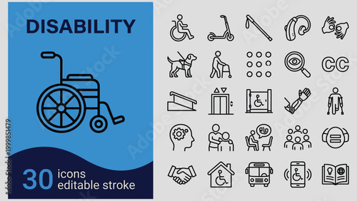 Disability awareness icons set including wheelchair and assistive technology symbols for accessibility and inclusion  illustration