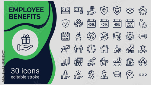 Diverse employee benefits icons showcasing financial health and welfare with symbols of savings insurance healthcare and career development opportunities