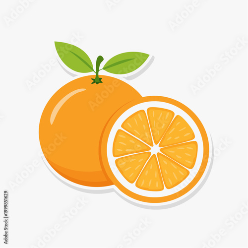 Illustration of a whole orange and a sliced orange with leaves