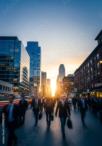 Commuters rush down a city street bathed in the bright glow of the setting sun.