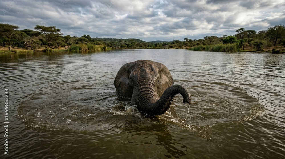 Fototapeta premium African elephant emerging from water dramatic wildlife scene close up trunk and face