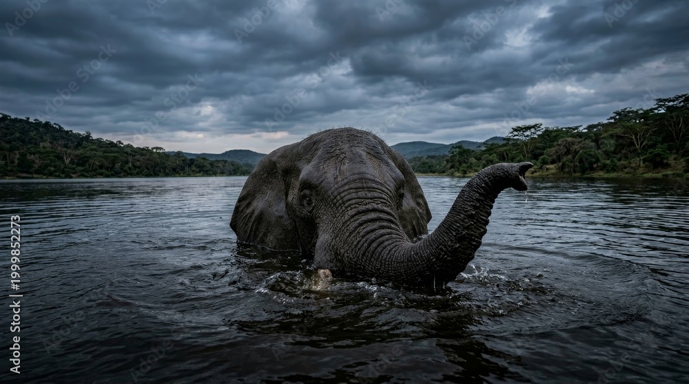 Fototapeta premium African elephant emerging from water dramatic wildlife scene close up trunk and face