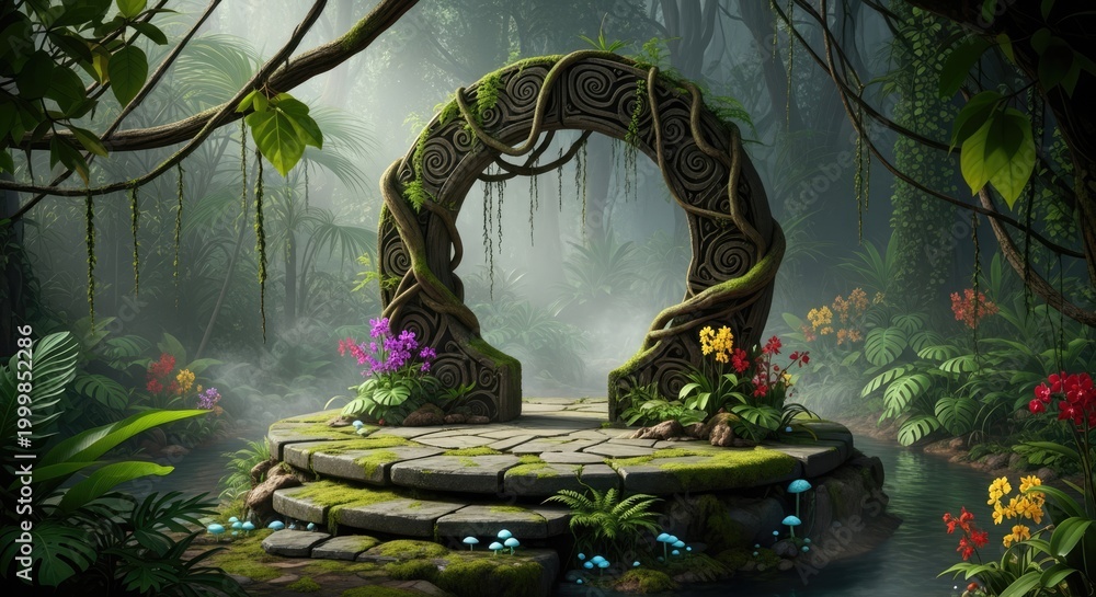Naklejka premium Ancient circular stone portal in lush misty tropical jungle