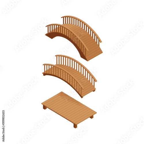 Isometric garden bridge vector set with arched wooden bridge, railing bridge, and platform bridge for landscape architecture illustration