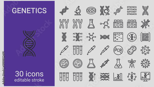 Genetics icons set including dna sequences chromosomes cells and laboratory equipment  editable stroke